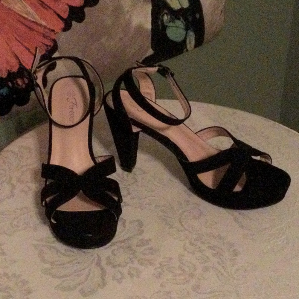Black Velveteen Ankle Strap Platform Heels